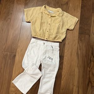 Zara girls tan crop linen blouse size 10